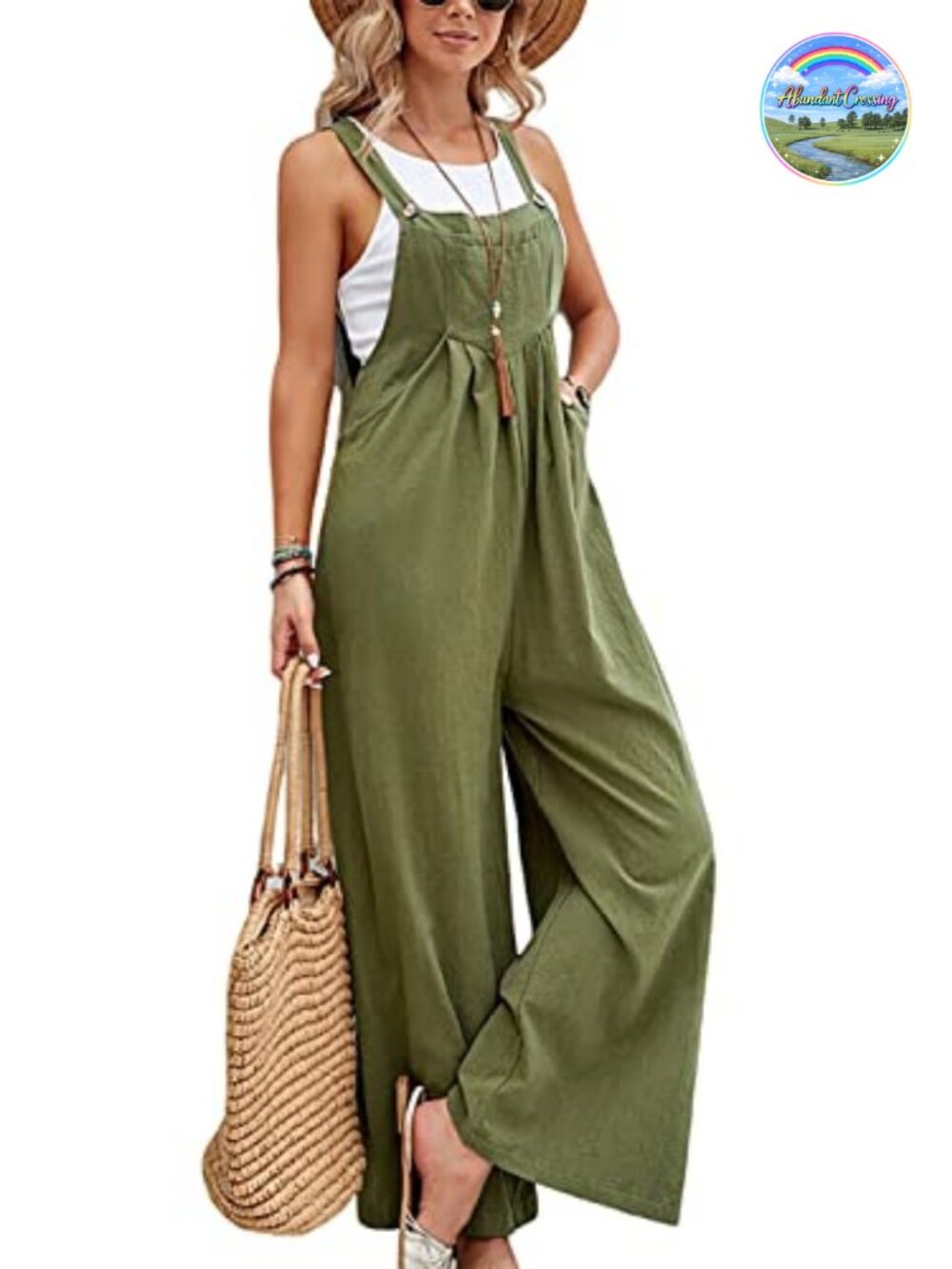 Wide Leg Bib Overalls Jumpsuit Cotton Loose Sleeveless Casual with Pockets